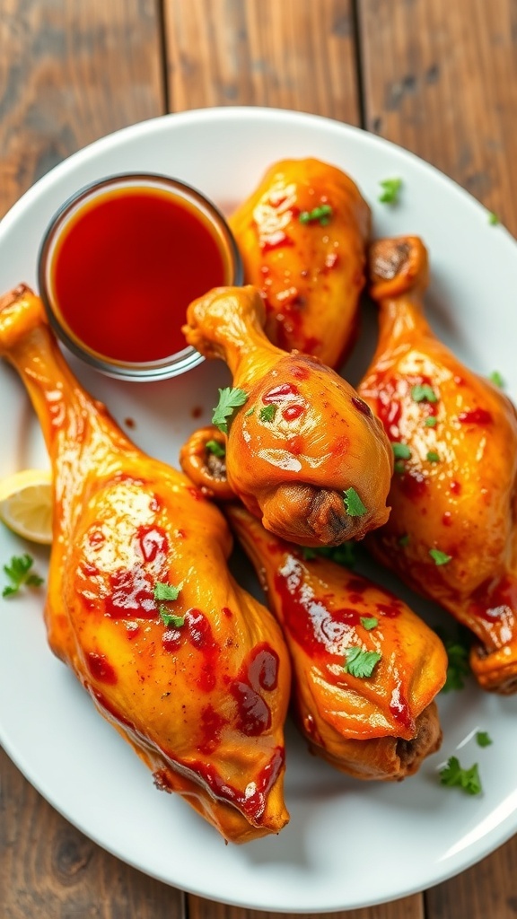 Crispy baked chicken drumsticks on a plate, garnished with herbs and served with dipping sauce.